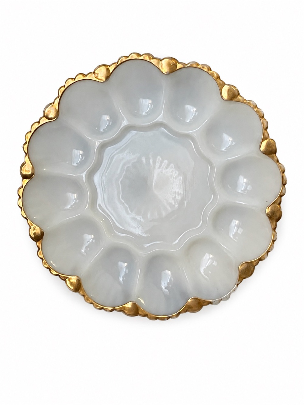 VTG Anchor Hocking Milk Glass Deviled Egg Plate Gold Trim 10"